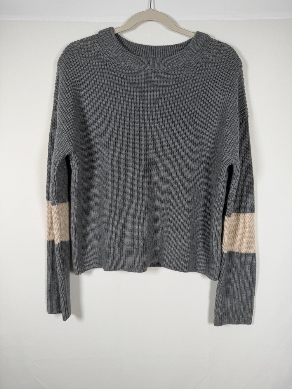 Velvet by Graham & Spencer Gray Crewneck Sweater with Cream Sleeve Stripe Preppy